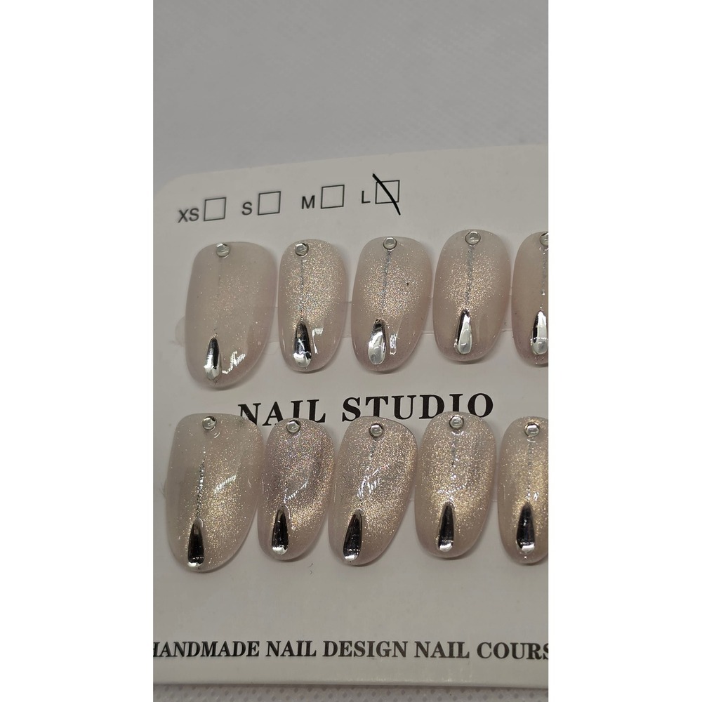 Handmade Champagne Cat Eye Press On Nails Silver Teardrop Gems Size L - Picture 2 of 4